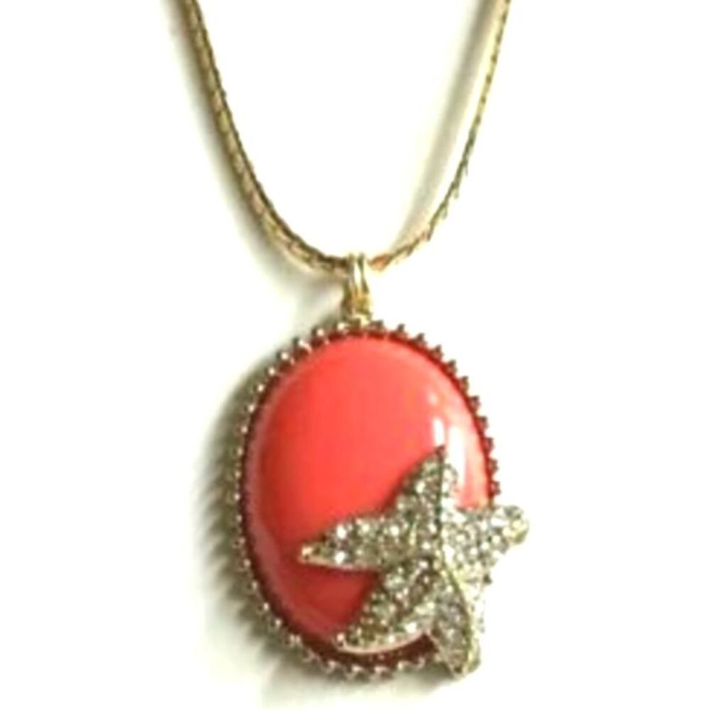 Gold Coral Starfish Necklace 20" Pendant Cabachon Plated Sea Life Crystal